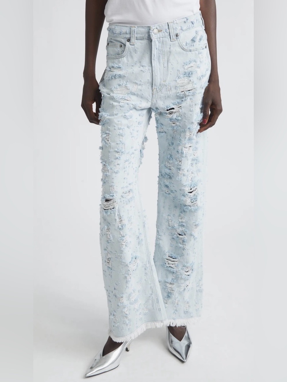 Frayed Hem Light Blue Distressed Wide-Leg Jeans